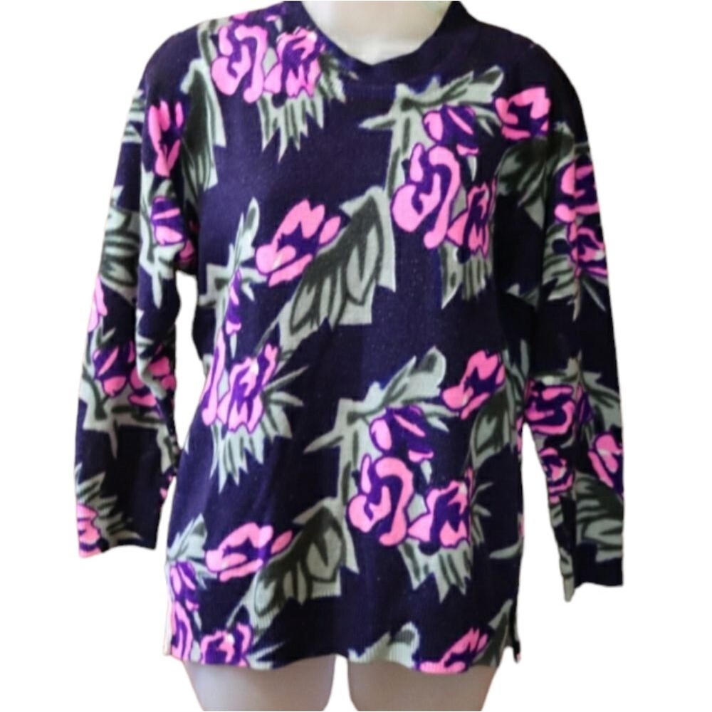Vintage Purple & Pink Floral Print Sweater Medium